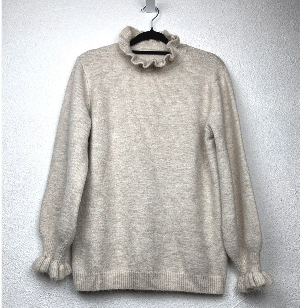 Oatmeal Beige Ruffle Trim Mock Neck Sweater - M - Soft Knit Boho Chic Top